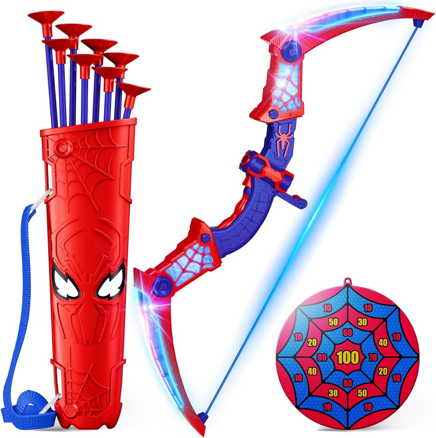 HotSpider Toys for Boys Age 3-4 4-6 6-8 8-12, Kids Toy BowArrow Shooting Set with Red & Blue LED Lights, Spider Quiver & Web Target, 8 Suction Cup Arrows, Toys Gifts for 3 4 5 6 7 8 9 10 12 Year Old Boys