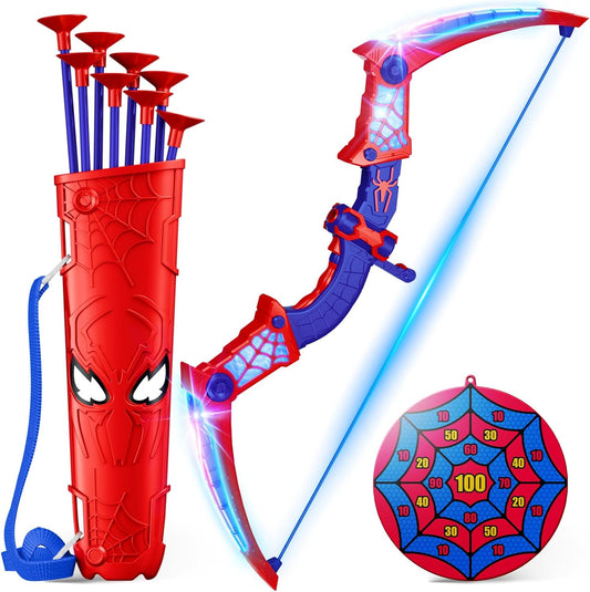 HotSpider Toys for Boys Age 3-4 4-6 6-8 8-12, Kids Toy BowArrow Shooting Set with Red & Blue LED Lights, Spider Quiver & Web Target, 8 Suction Cup Arrows, Toys Gifts for 3 4 5 6 7 8 9 10 12 Year Old Boys
