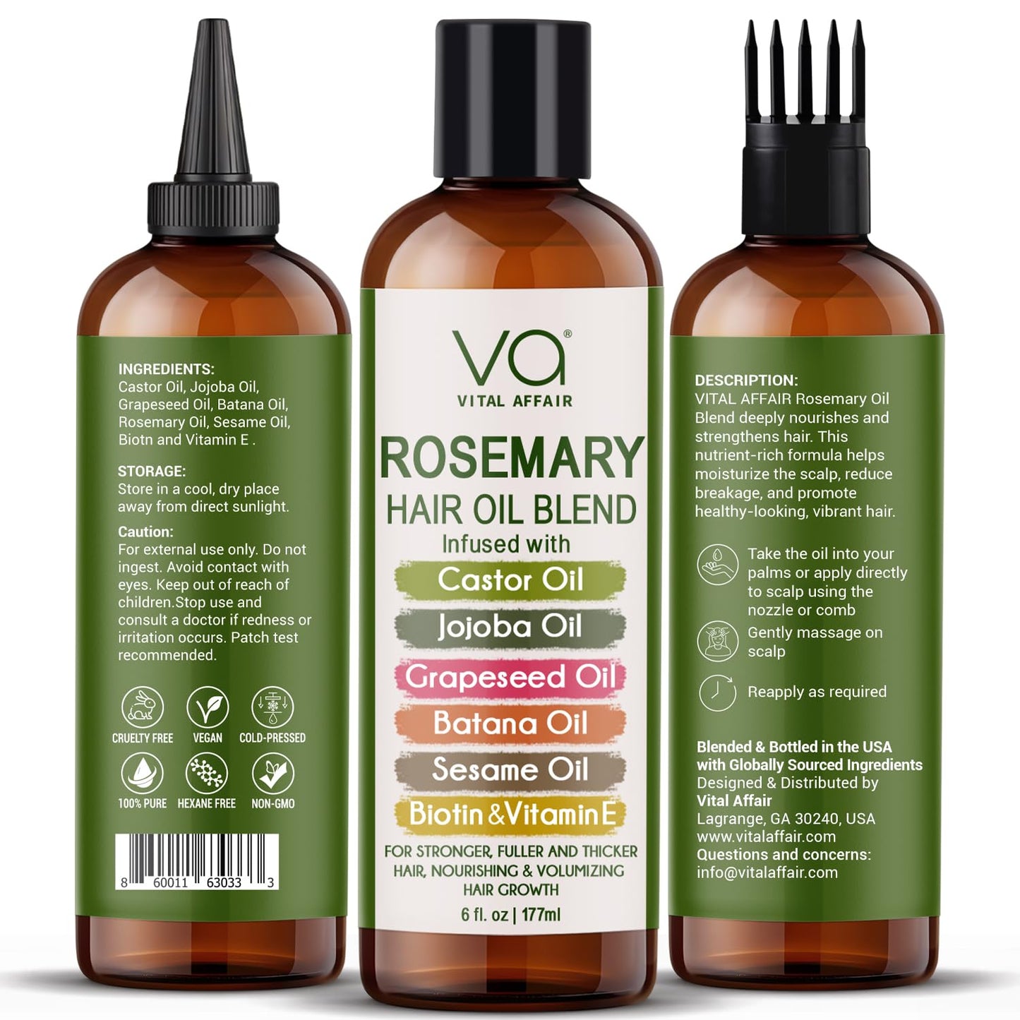 HotBlend Of Pure Rosemary Oil For Hair Growth With Castor, Batana, Jojoba Oil-Infused With Biotin & Vitamin E-Blend of Effective Hair Oils for Hair Growth-Strengthening Treatment-By Vital Affair-6 Fl Oz