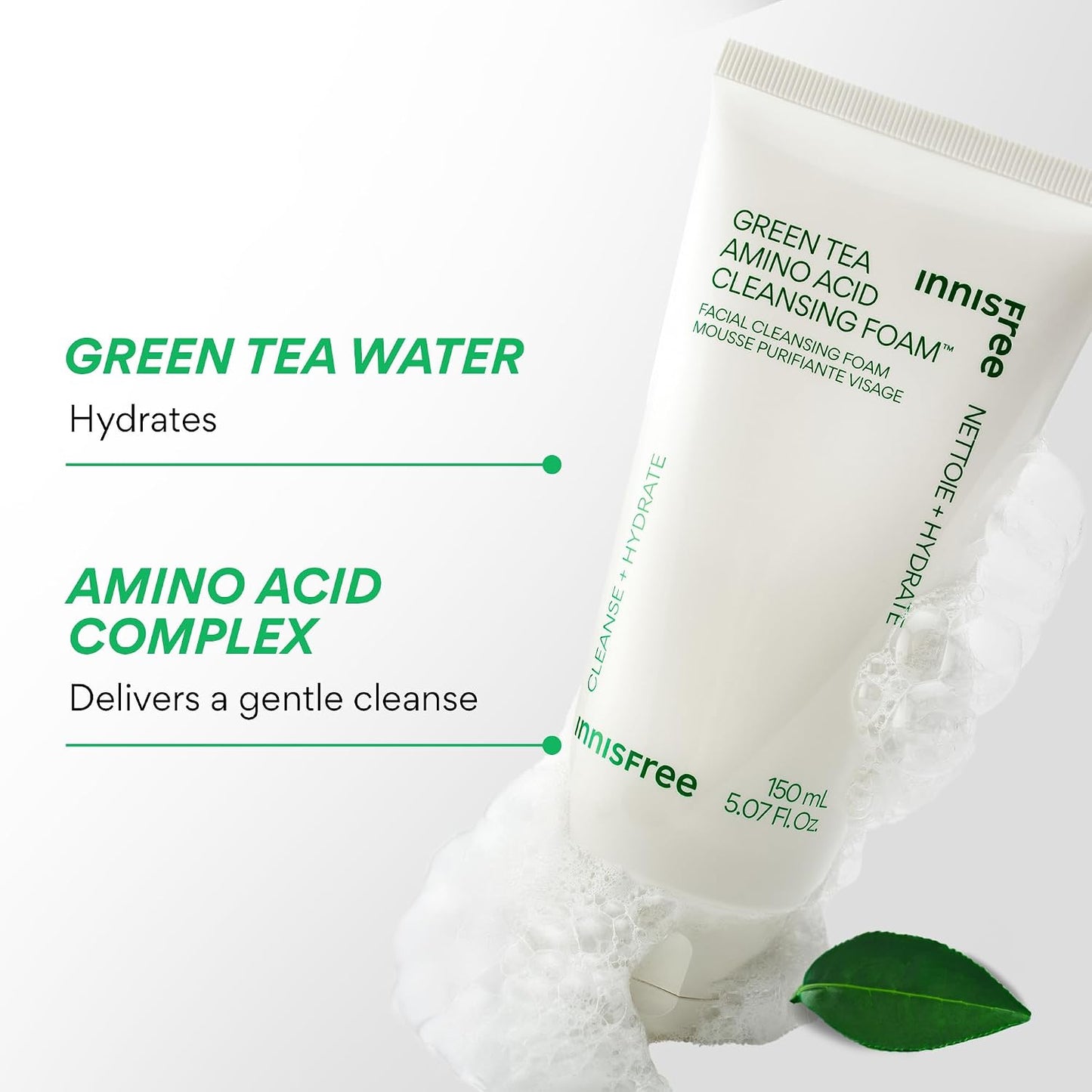 Hotinnisfree Green Tea Amino Acid Cleansing Foam, Sulfate-Free Hydrating Korean Face Wash, Gentle Lather, pH-Balanced Skincare