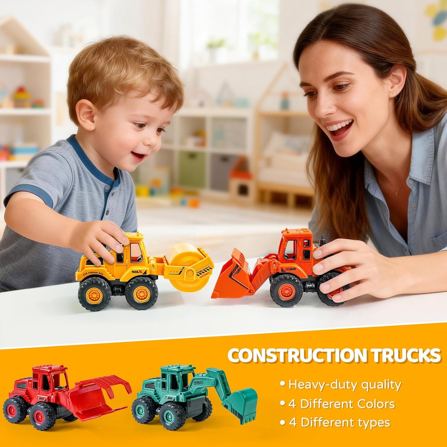 Hot Beestech Construction Toys for 3 Years Old Boys Girls Kids, Friction Powered Construction Truck Toys Vehicles Sand Toys Trucks Excavator, Bulldozer, Road Roller (Colorful 4 Pack)