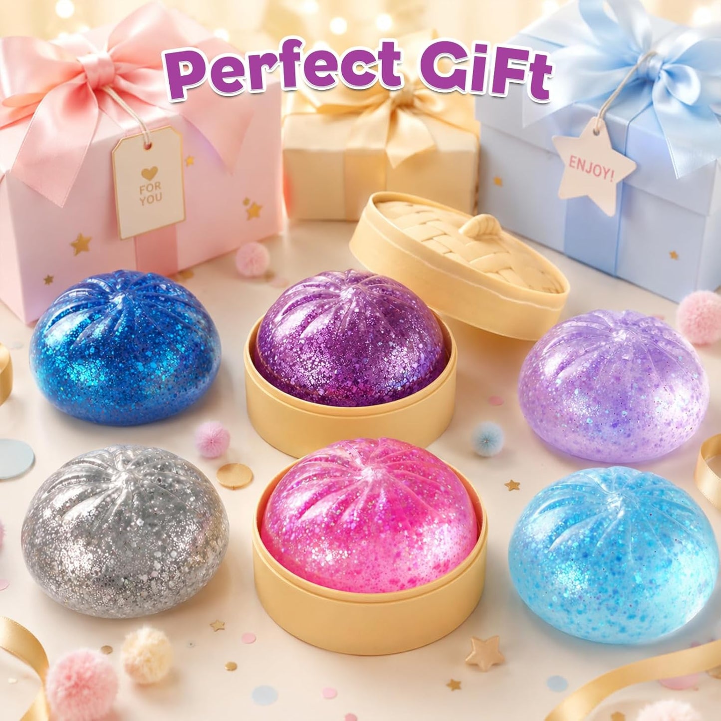 HotSugar Dumpling Squishy Mystery Box - Cute Viral Squishy Dumpling Toy, Slow Rising Fidget Squeeze Toys for Stress Relief, Perfect for Desk Toys & Party Favors(Flash Pink)