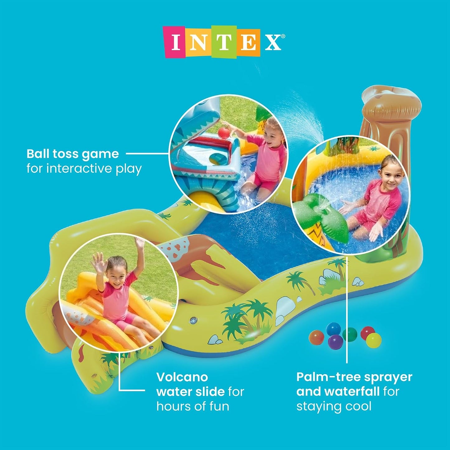 Hot INTEX 57444EP Dinosaur Inflatable Kiddie Pool: Inflatable Kids Pool with Water Sprayer and Slide – Kids Playhouse – 98" x 75" x 43" – Ages 2+