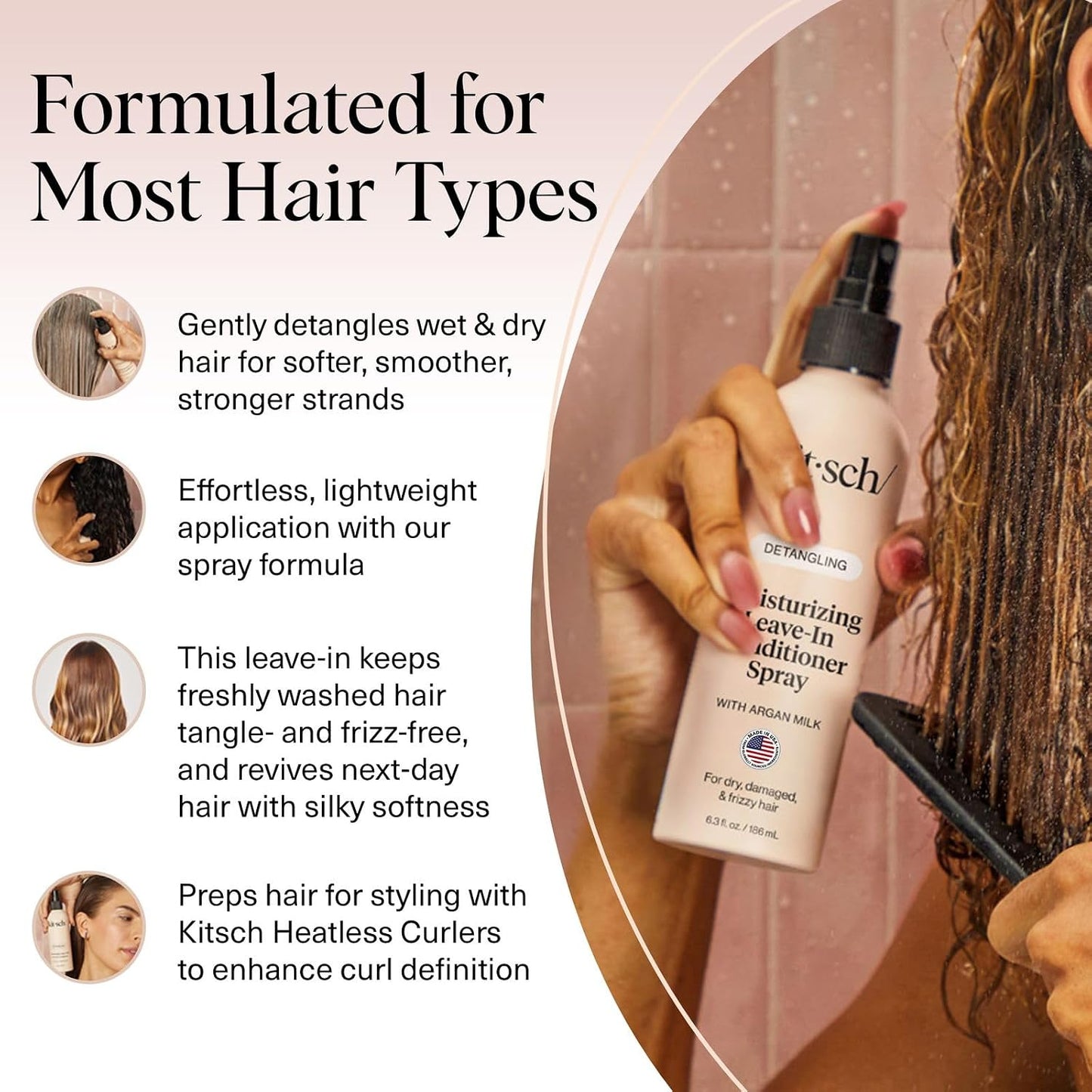 HotKitsch Argan Milk Leave In Conditioner Spray – Hair Detangler Spray for Curly, Wavy, Fine, Dry & Damaged Hair - Silicone-Free - 6.3oz