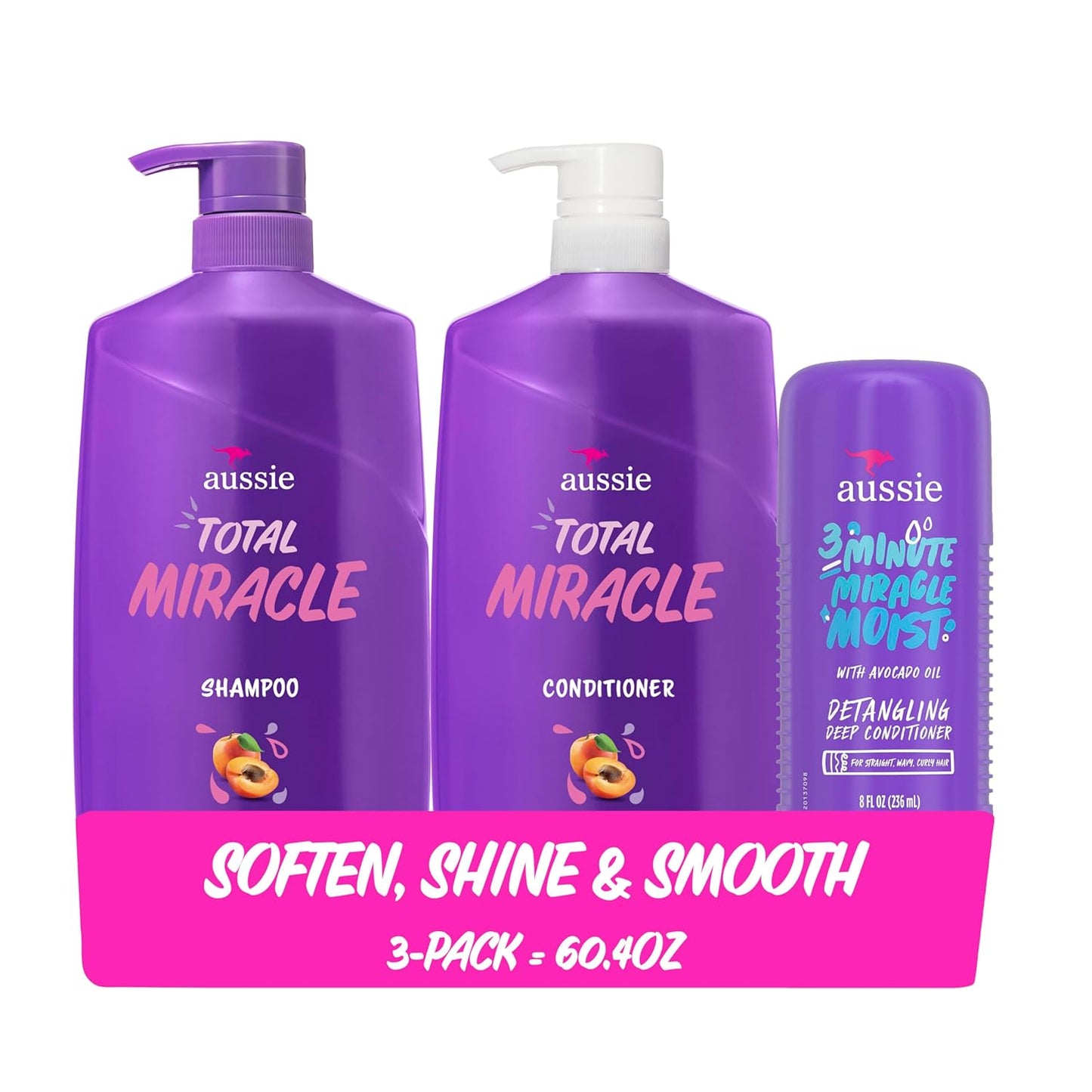 HotAussie Total Miracle Hair Care Bundle: Shampoo, Conditioner, and 3 Minute Deep Treatment with Apricot & Macadamia Oil, Paraben-Free for Damaged Hair, 26.2 & 8 Fl Oz