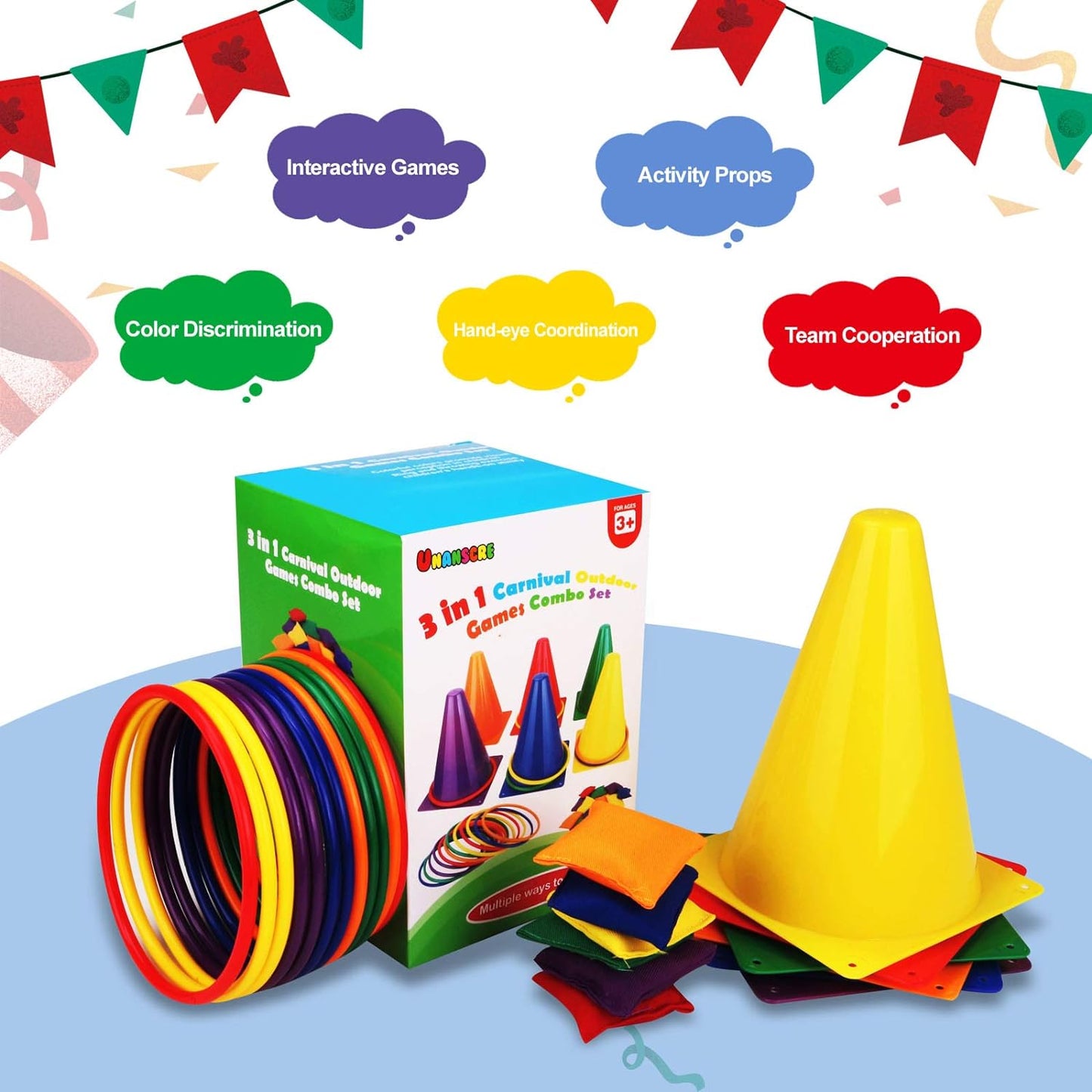 Hot unanscre 31PCS 3 in 1 Carnival Outdoor Games Combo Set for Kids, Soft Plastic Cones Bean Bags Ring Toss Game, Gift for Birthday Party/Xmas
