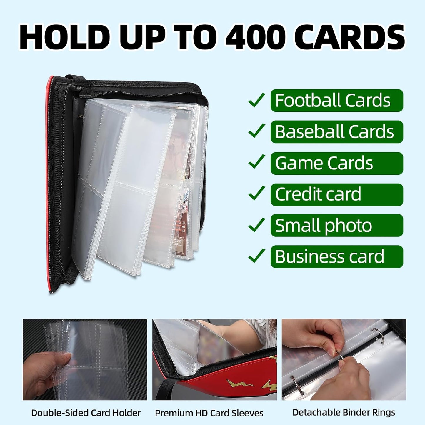 HotCollectible Trading Card Albums,4 Pocket Card Binder, 400 Double Sided Pocket PU Premium Zip Trading Collection Binderwith 50 Removable Sleeves, Card Folder forTCG, Sports Cards (Red &Blue)