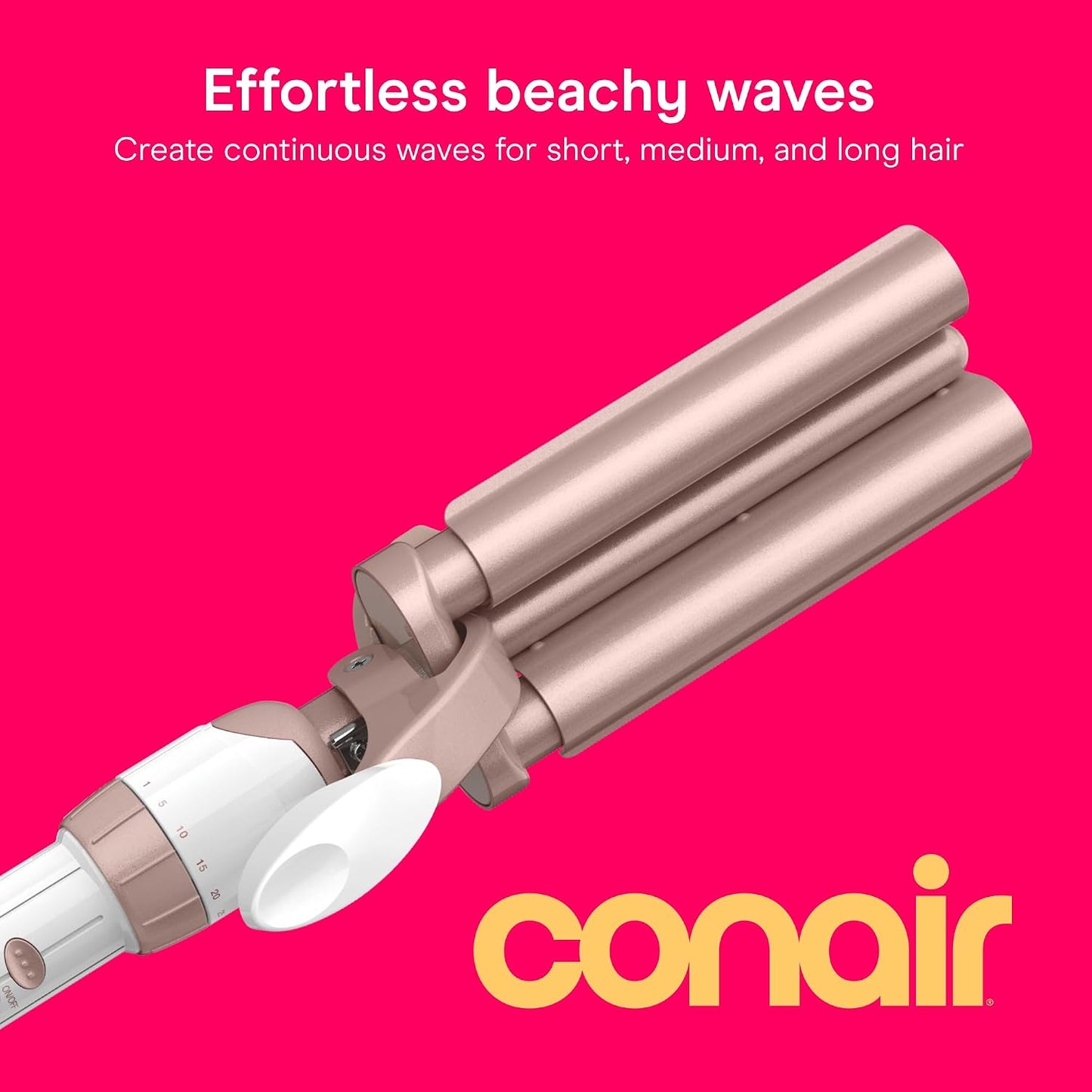 HotConair Curling Iron & Waver Hair Tool, Triple Barrel, White/Rose Gold | Double Ceramic Conair curling iron with 5/8" outer barrels, a 1/2" inner barrel, 30 heat settings, and auto-off function