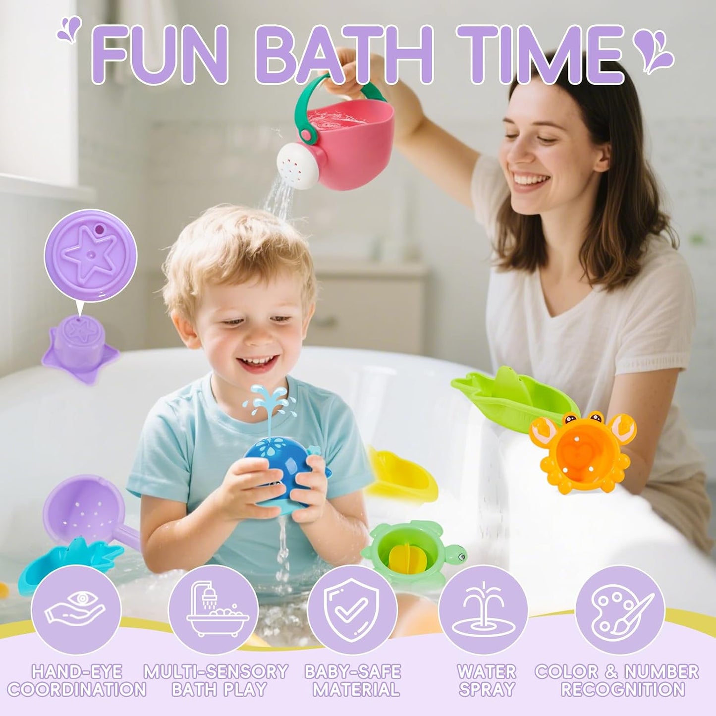 HotMold Free Bath Toys, 11PCS | Safe Easy Clean & Fun Floating Boats & Spoon & Watering Can and Whale Bath Toy for Babies 12+ Months | Colorful Bathtub Pool Water Table Sand Toys for Babies and Toddlers