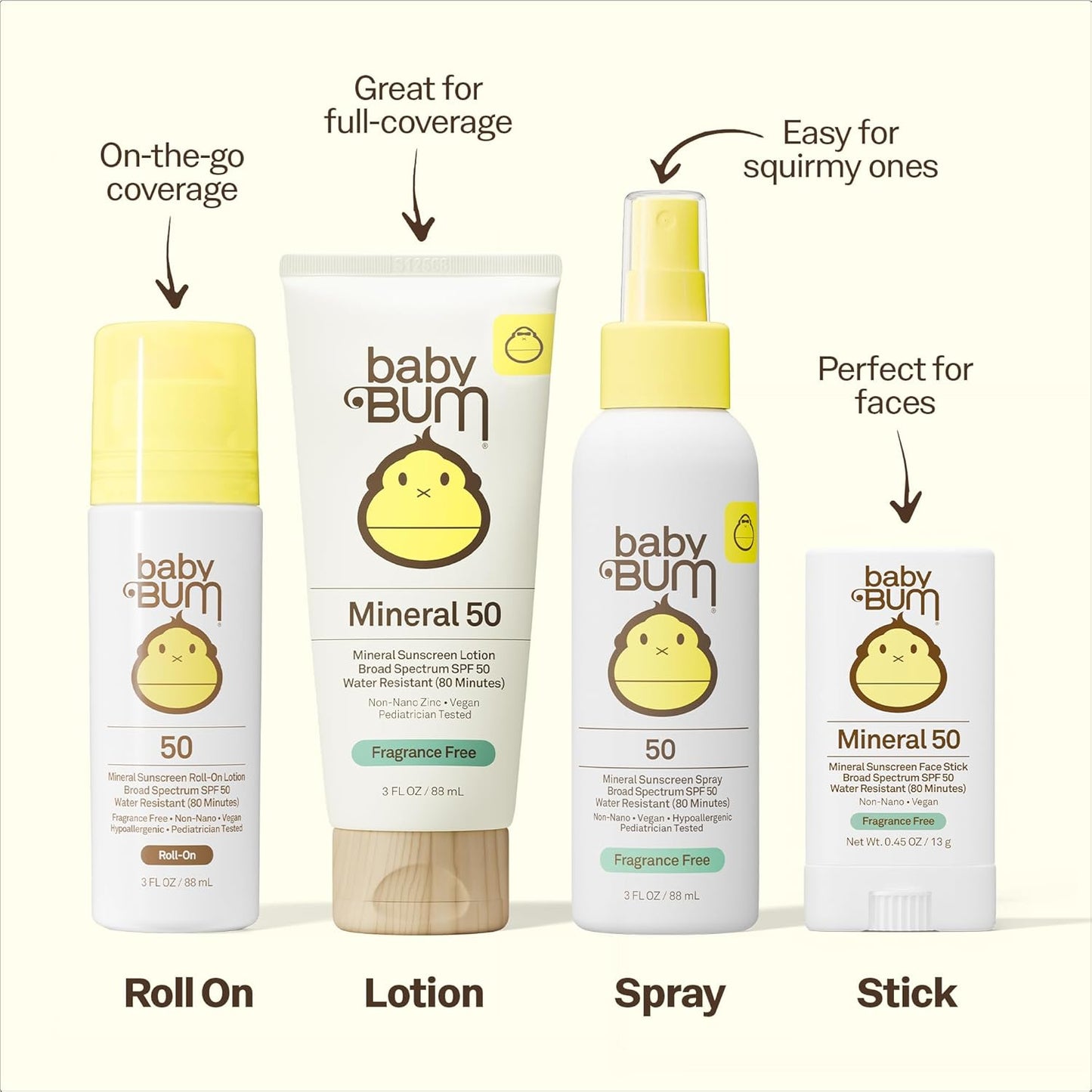 HotSun Bum Baby Bum Mineral SPF 50 Roll-On Sunscreen - Vegan and Hawaii 104 Act Compliant (Without Octinoxate & Oxybenzone) - Broad Spectrum Moisturizing UVA/UVB - Travel Size - 3 oz