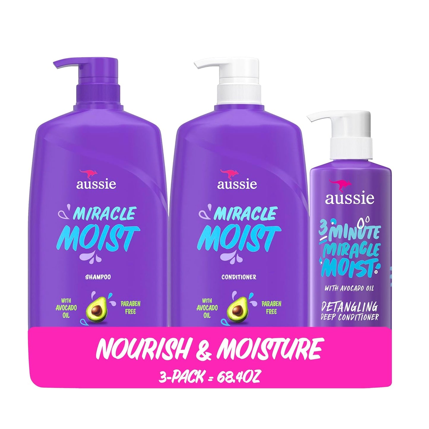 HotAussie Miracle Moist Shampoo and Conditioner with 3 Minute Miracle Deep Conditioner, Avocado & Jojoba Oil, Paraben-Free, Moisturizes & Detangles, All Hair Types, Citrus Floral Scent, 3 Pack 68.4 Fl Oz