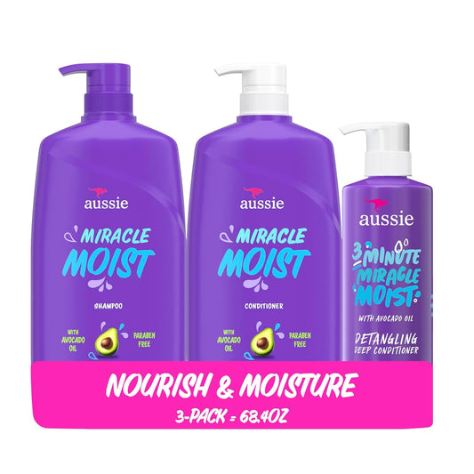 HotAussie Miracle Moist Shampoo and Conditioner with 3 Minute Miracle Deep Conditioner, Avocado & Jojoba Oil, Paraben-Free, Moisturizes & Detangles, All Hair Types, Citrus Floral Scent, 3 Pack 68.4 Fl Oz