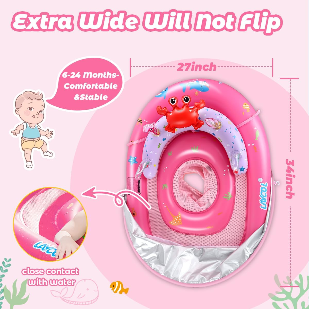 Hot LAYCOL Baby Pool Float with Canopy UPF50+, 120°Adjustable Sun Protection and Anti-Tip Safety Seat, Inflatable Toddler Floaties Infant Pool Float with Animal Pool Toys, Baby Beach Essentials for 6-36M