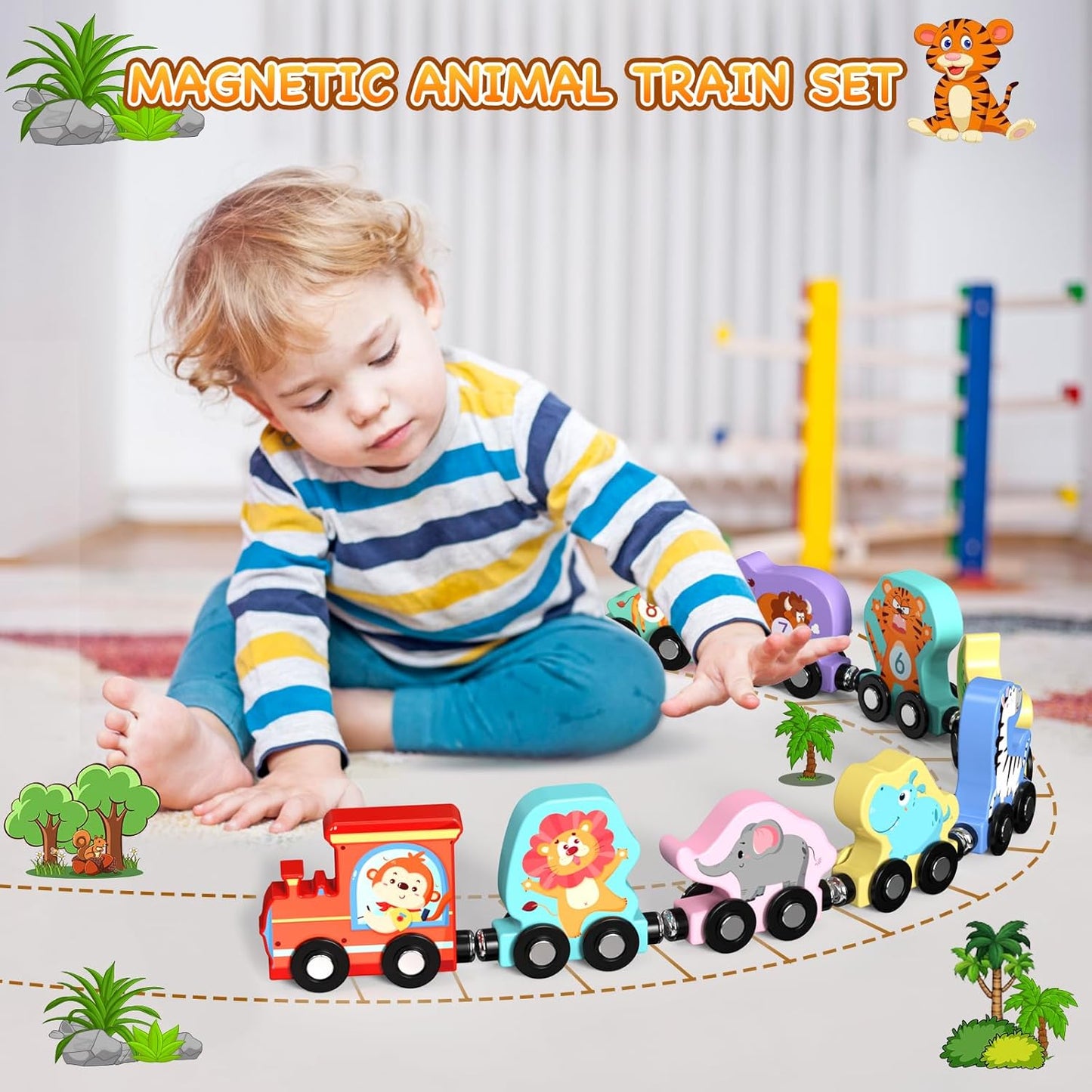 Hot Zeoddler Toys for Toddlers, 11 Magnetic Wooden Animals Train Set, Montessori Toys for Toddlers, Preschool Learning Activities for Kids, Birthday Gifts for Boys, Girls