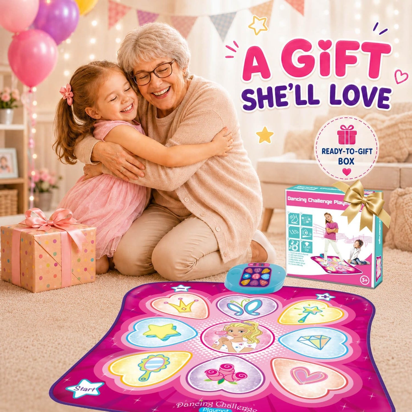 HotSUNLIN Dance Mat - Rhythm Step Play Mat - Dance Game Toy Pad with LED Lights, Gift for Kids Girls 3-8, Adjustable Volume, Built-in Music, 3 Challenge Levels