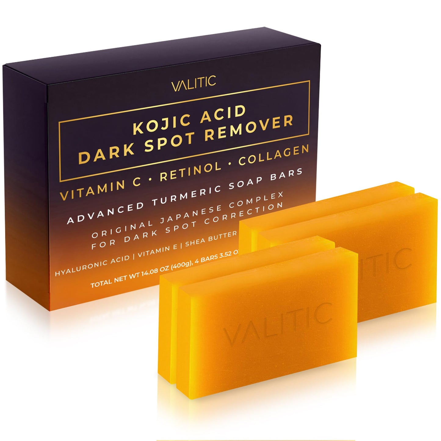 HotVALITIC Kojic Acid Dark Spot Remover Soap Bars with Vitamin C, Retinol, Collagen, Turmeric - Original Japanese Complex Infused with Hyaluronic Acid, Vitamin E, Shea Butter, Castile Olive Oil (2 Pack)