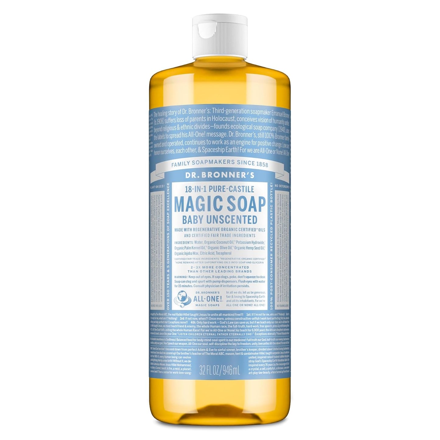 HotDr. Bronner's Pure-Castile Magic Soap Liquid (Baby Unscented, 32 Ounce) – Made with Regenerative Organic Certified Oils – For Sensitive Skin, Babies, Face, Hair, Laundry, Dishes, Hand Soap & Body Wash