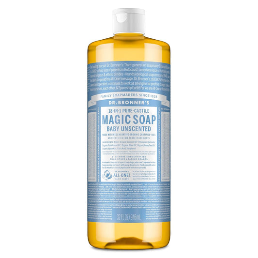 HotDr. Bronner's Pure-Castile Magic Soap Liquid (Baby Unscented, 32 Ounce) – Made with Regenerative Organic Certified Oils – For Sensitive Skin, Babies, Face, Hair, Laundry, Dishes, Hand Soap & Body Wash