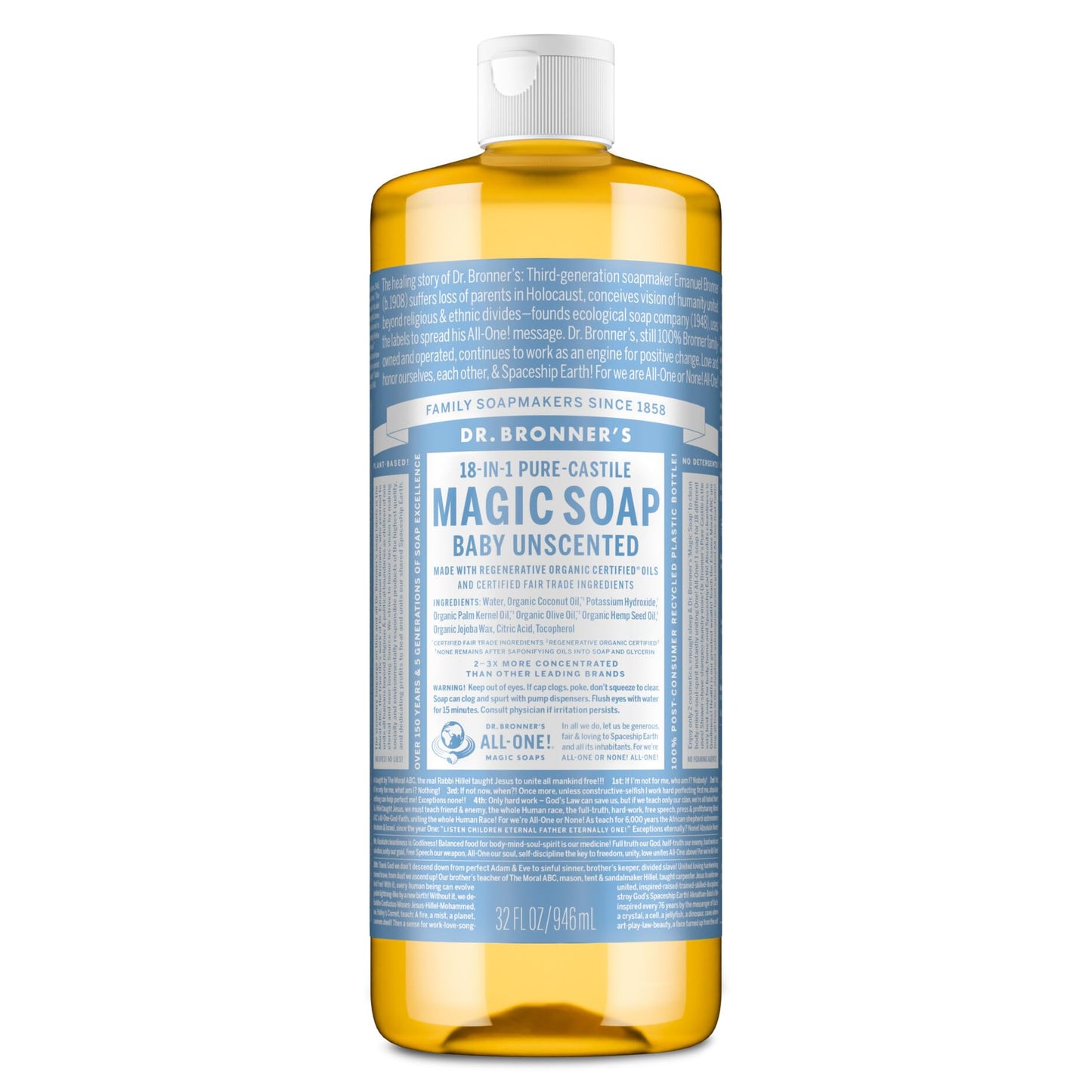 HotDr. Bronner's Pure-Castile Magic Soap Liquid (Baby Unscented, 32 Ounce) – Made with Regenerative Organic Certified Oils – For Sensitive Skin, Babies, Face, Hair, Laundry, Dishes, Hand Soap & Body Wash