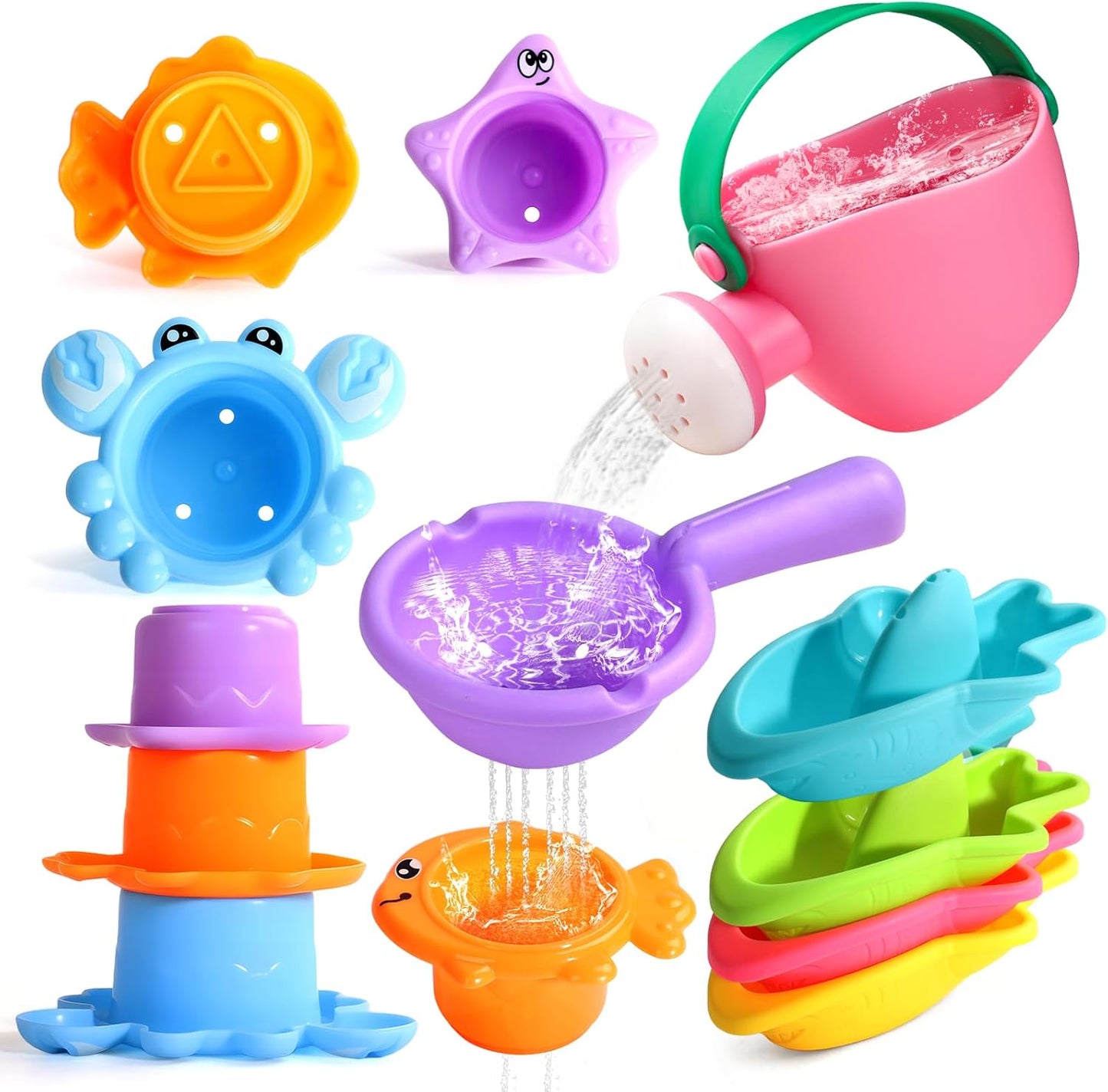 HotFajiabao Toddler Bath Toys for Kids Ages 1-3 Multi-Play in Tub Water Pool | Learning Mold Free Bath Toys with Color Stacking Cups & Watering Can Interactive Shower Toys for 1 2 3 4 5 6 Birthday Gifts