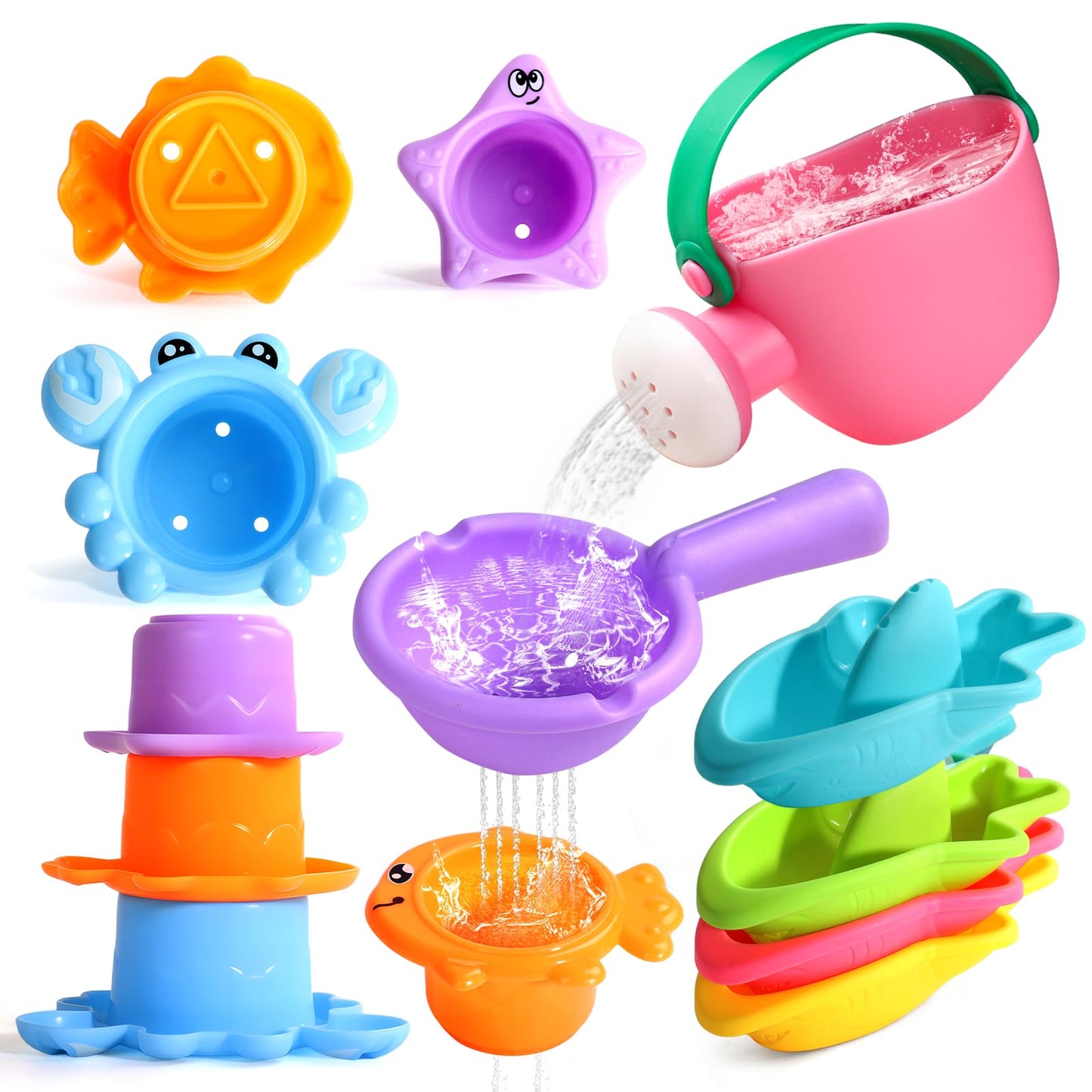 HotFajiabao Toddler Bath Toys for Kids Ages 1-3 Multi-Play in Tub Water Pool | Learning Mold Free Bath Toys with Color Stacking Cups & Watering Can Interactive Shower Toys for 1 2 3 4 5 6 Birthday Gifts
