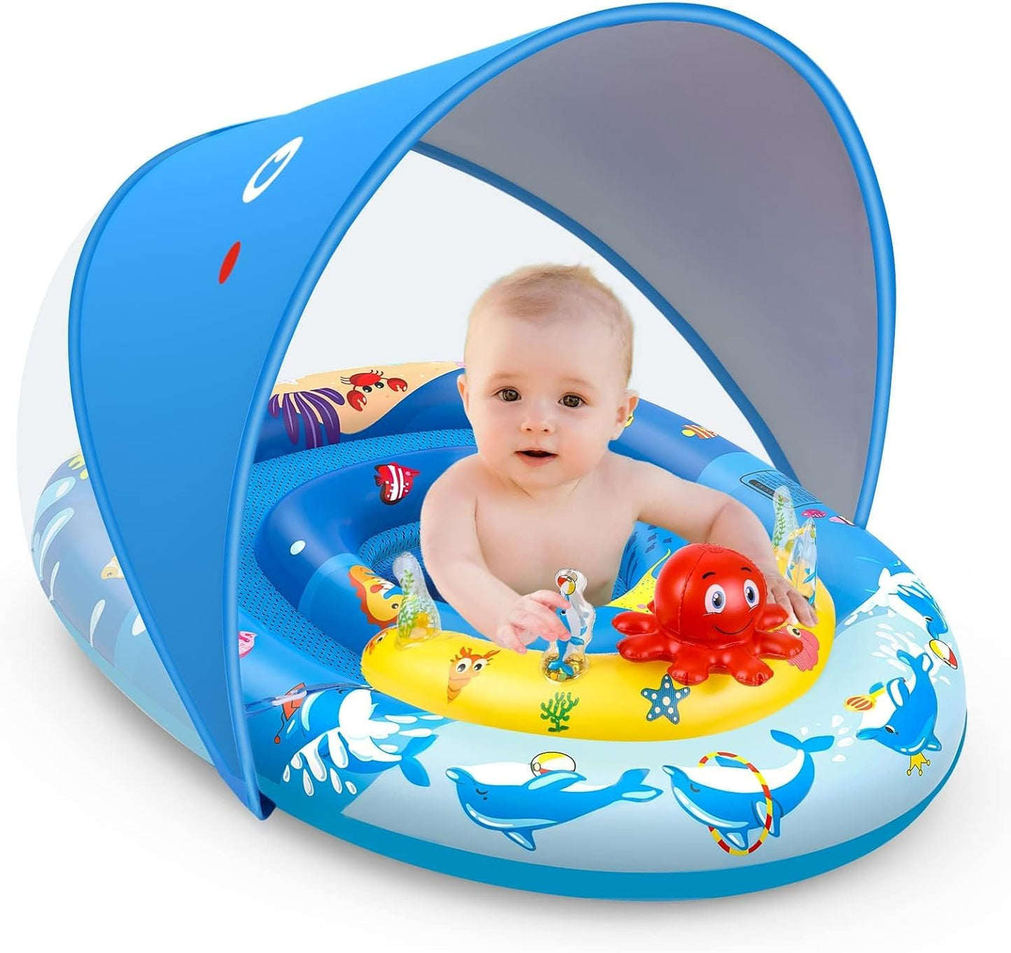 HotEZIGO Baby Pool Float with Canopy UPF50+ Sun Protection, Inflatable Kids Pool Floats with Ocean Animal Toys for Baby 6-36 Months, Infant Swimming Float with Adjustable Safety Seat for Boys Girls