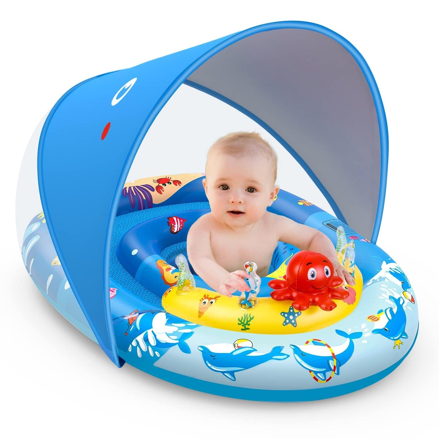 HotEZIGO Baby Pool Float with Canopy UPF50+ Sun Protection, Inflatable Kids Pool Floats with Ocean Animal Toys for Baby 6-36 Months, Infant Swimming Float with Adjustable Safety Seat for Boys Girls