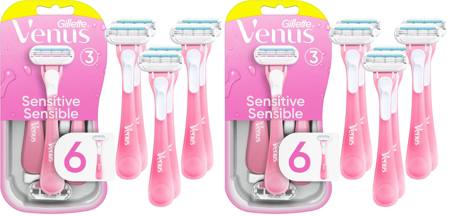 HotGillette Venus Sensitive Disposable Razors for Women with Sensitive Skin, 6 Count, Delivers Close Shave with Comfort
