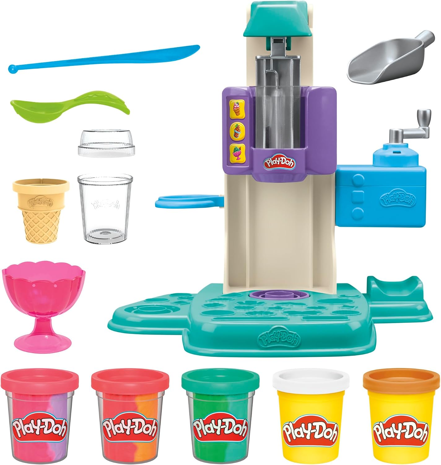 HotPlay-Doh Rainbow Swirl Ice Cream Playset with 7 Pretend Play Kitchen Accessories, Arts and Crafts Toys for 3 Year Old Girls and Boys and Up