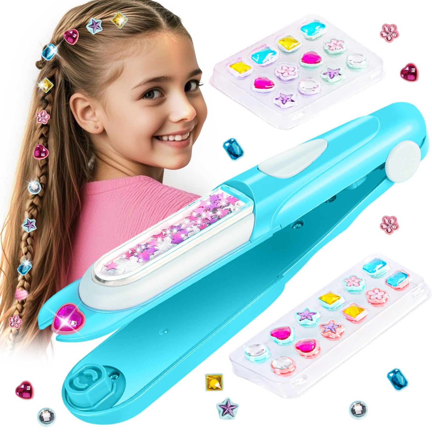 Hotkidzkube Hair Gem Stamper Kit, Bling Hair Jewels for Girls Toys, Hair Styling Tool with Reusable Shining Diamonds, Birthday Gifts Toys for Girls Ages 3 4 5 6 8-12