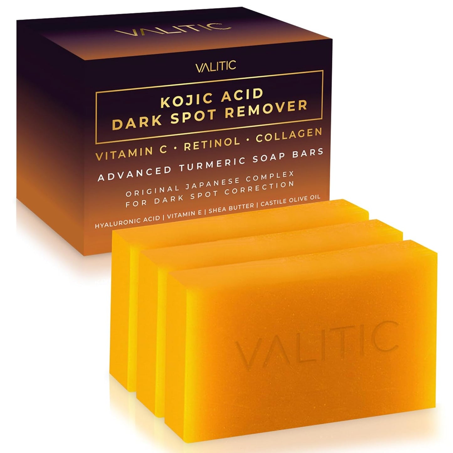 HotValitic Kojic Acid Dark Spot Remover Soap Bars with Vitamin C, Retinol, Collagen, Turmeric - Original Japanese Complex Infused with Hyaluronic Acid, Vitamin E, Shea Butter, Castile Olive Oil (3 Pack)