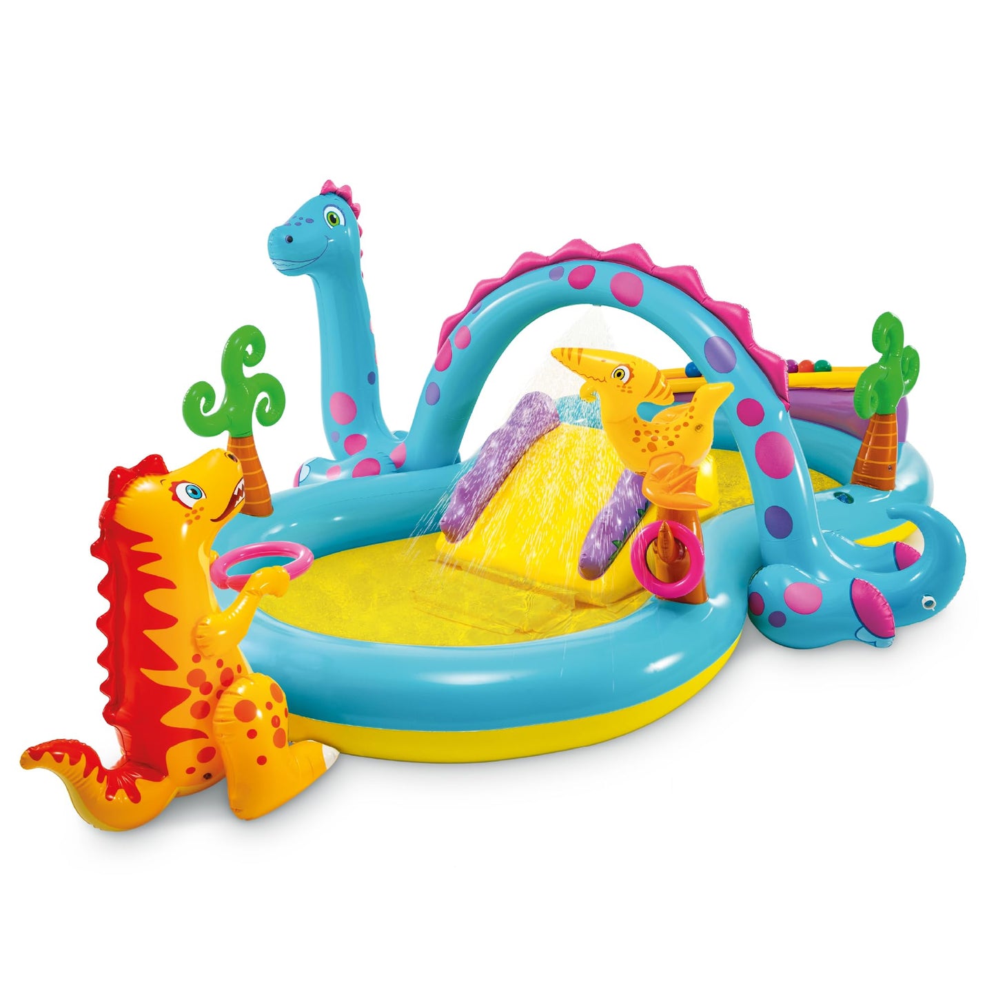 Hot INTEX Dinoland Inflatable Kiddie Pool: Inflatable Kids Pool with Water Sprayer and Slide – Splash Pad – 119" x 90" x 44" – Ages 3+