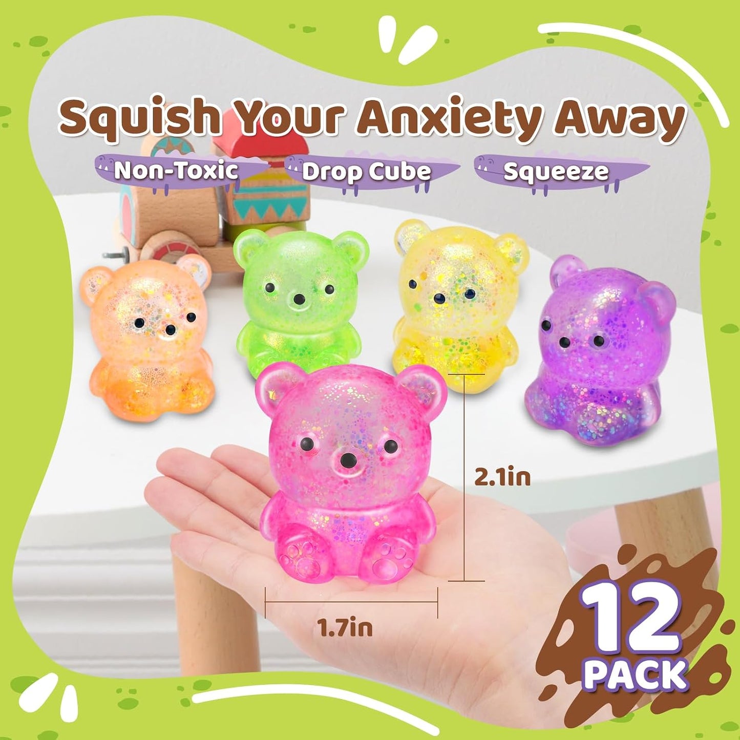 HotVESPRO 12Pack Fidget Toys Squishy ，Cute Bear Squeeze Ball | Bulk Squishy Fidget Squeeze Play Toys，Pull Stretch Classroom Prize Party Favors Toys for Kids