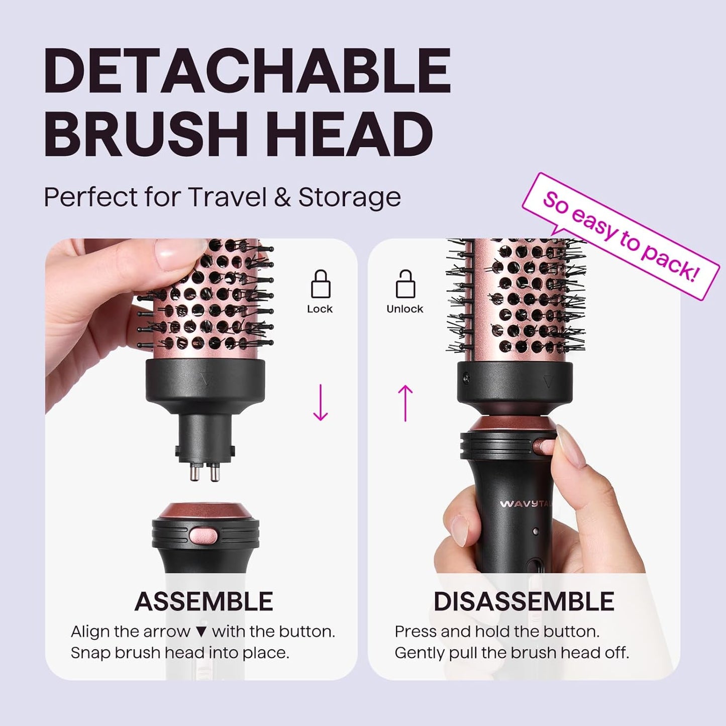 HotWavytalk Thermal Brush 1.5" Detachable Heated Round Brush for Blowout Look | Detachable Brush Head Includes Travel Pouch, Create Voluminous Blowout Look, Tourmaline Ceramic, 2 Temp Settings Dual Voltage
