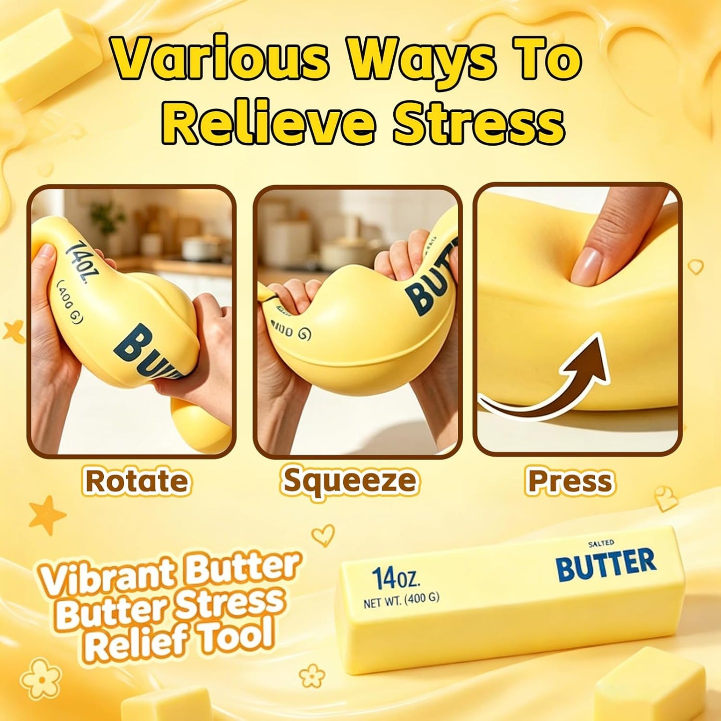 Hot 10in Giant Butter Squishy, Jumbo Big Butters 14oz Squeeze Stress Balls, Large Butter Stick Stress Relief Slow Rising Fun for Anxiety Relief Party Favors
