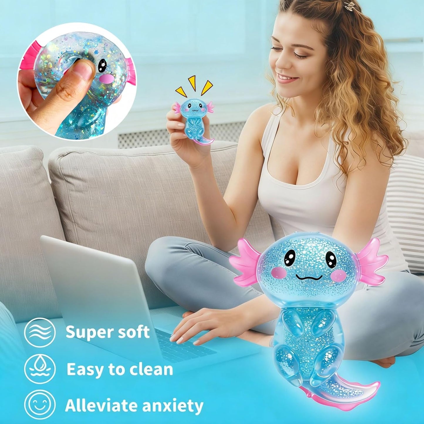 Hot2 Pcs Axolotl Squishy Stress Relief Toy, Stretchy Axolotls Stress Soft Squeeze Sensory Fidget Toys for Kids Adults, Cute Axolotls Squishies Party Favors Classroom (BluePink)