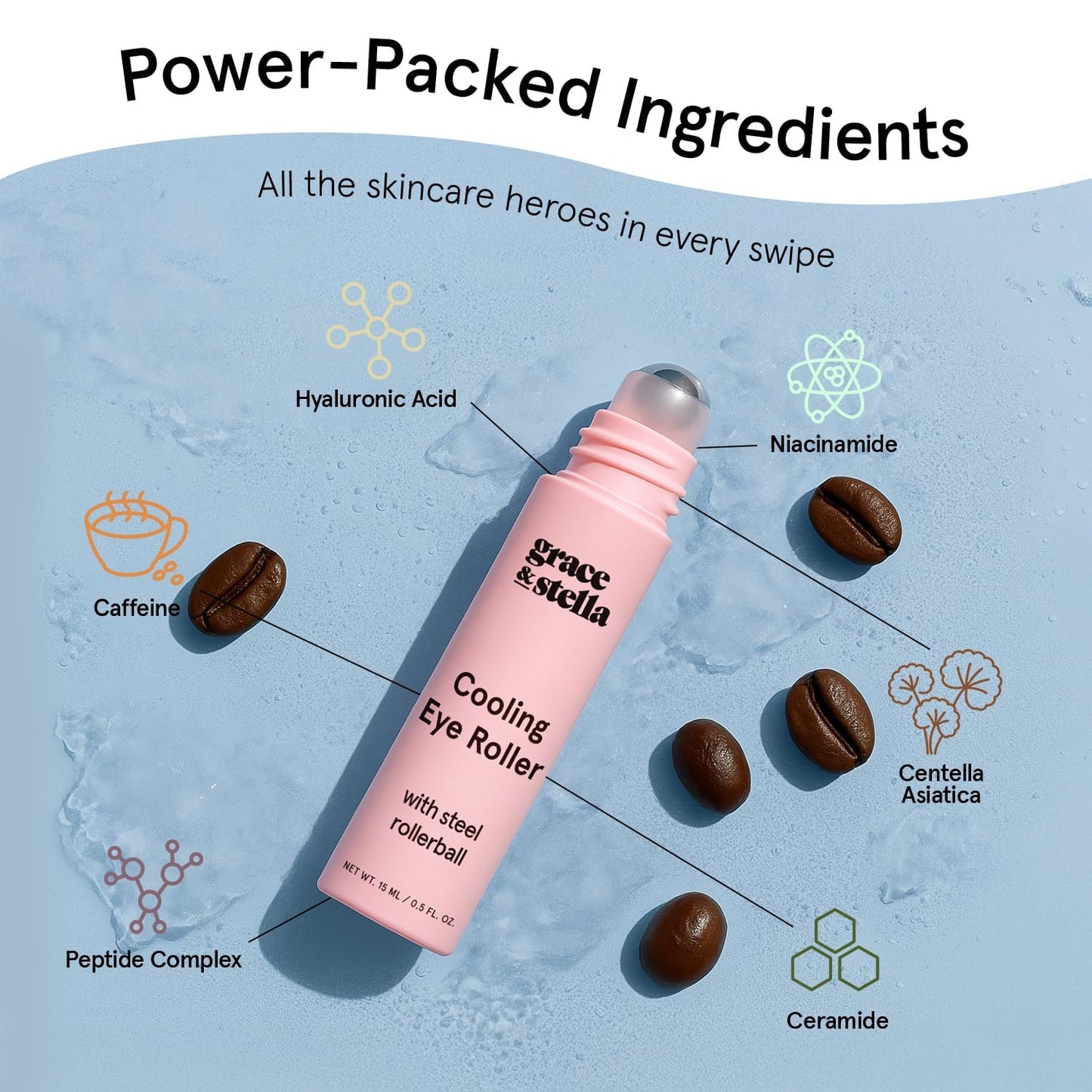 Hotgrace & stella Under Eye Brightener with Cooling Metal Rollerball - Centella Asiatica & Caffeine Eye Serum for Puffy Eyes - Travel Essentials - Under Eye Cream - Travel Essentials (15ml / 0.51floz)