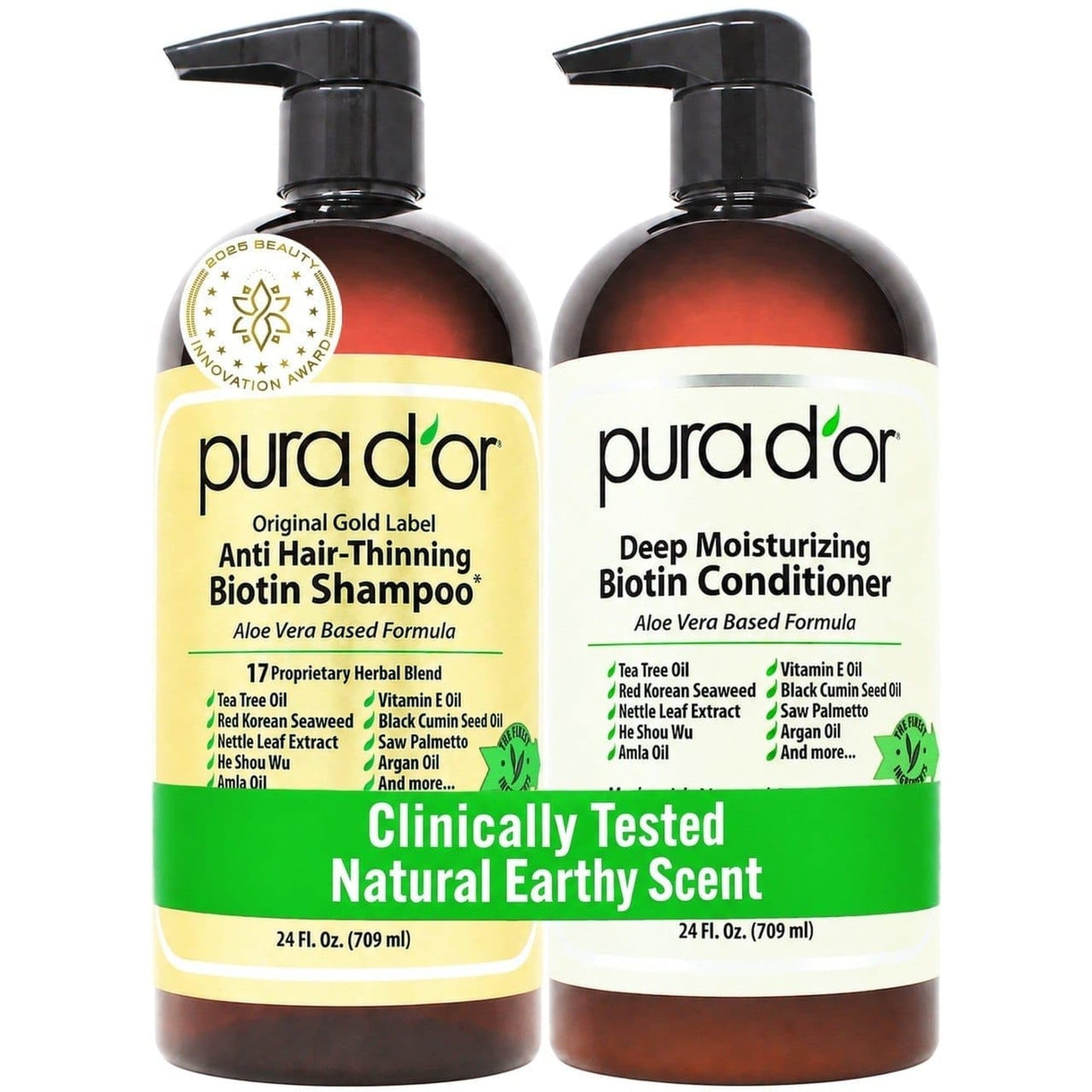 HotPURA D'OR Anti-Thinning Biotin Shampoo & Hair Regrowth Conditioner, CLINICALLY TESTED Effective Results, Thickening Herbal Blend For Women & Men, Original Gold Label Set, Natural Earthy Scent, 16oz x2