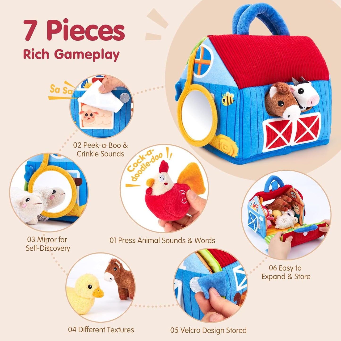 Hothahaland Baby Toys 6-12 Months - Surprise Barn with Stuffed Farm Animals with Real Sounds - Montessori Toys for 6 Month Old Baby Gifts Toddlers Sensory Toy 1 Year Old Boy Girl Gifts Infant Toys