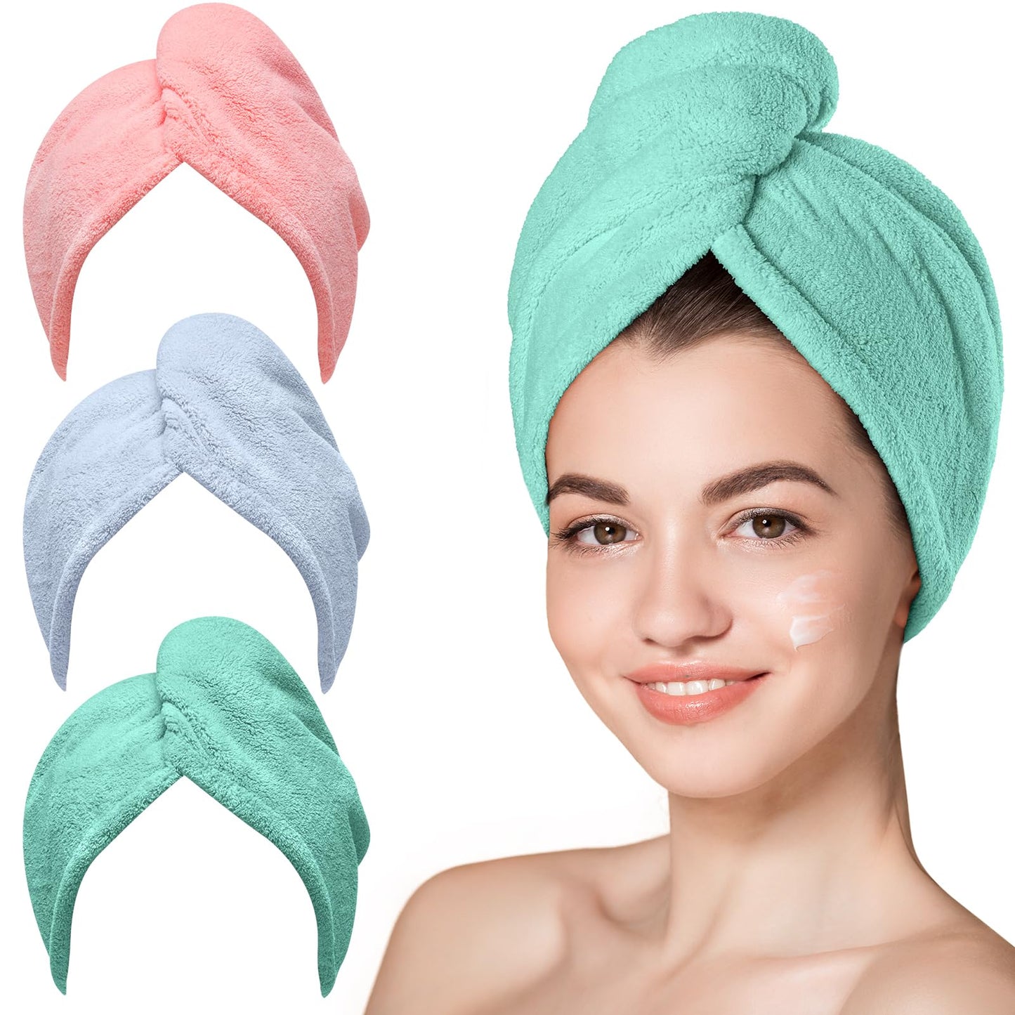 HotHicober Microfiber Hair Towel Wrap, Fast Drying Hair Towels for Women, Soft Lightweight Quick Dry Turban for Curly & Long Hair–3 Pack(Blue/Grey/Pink)