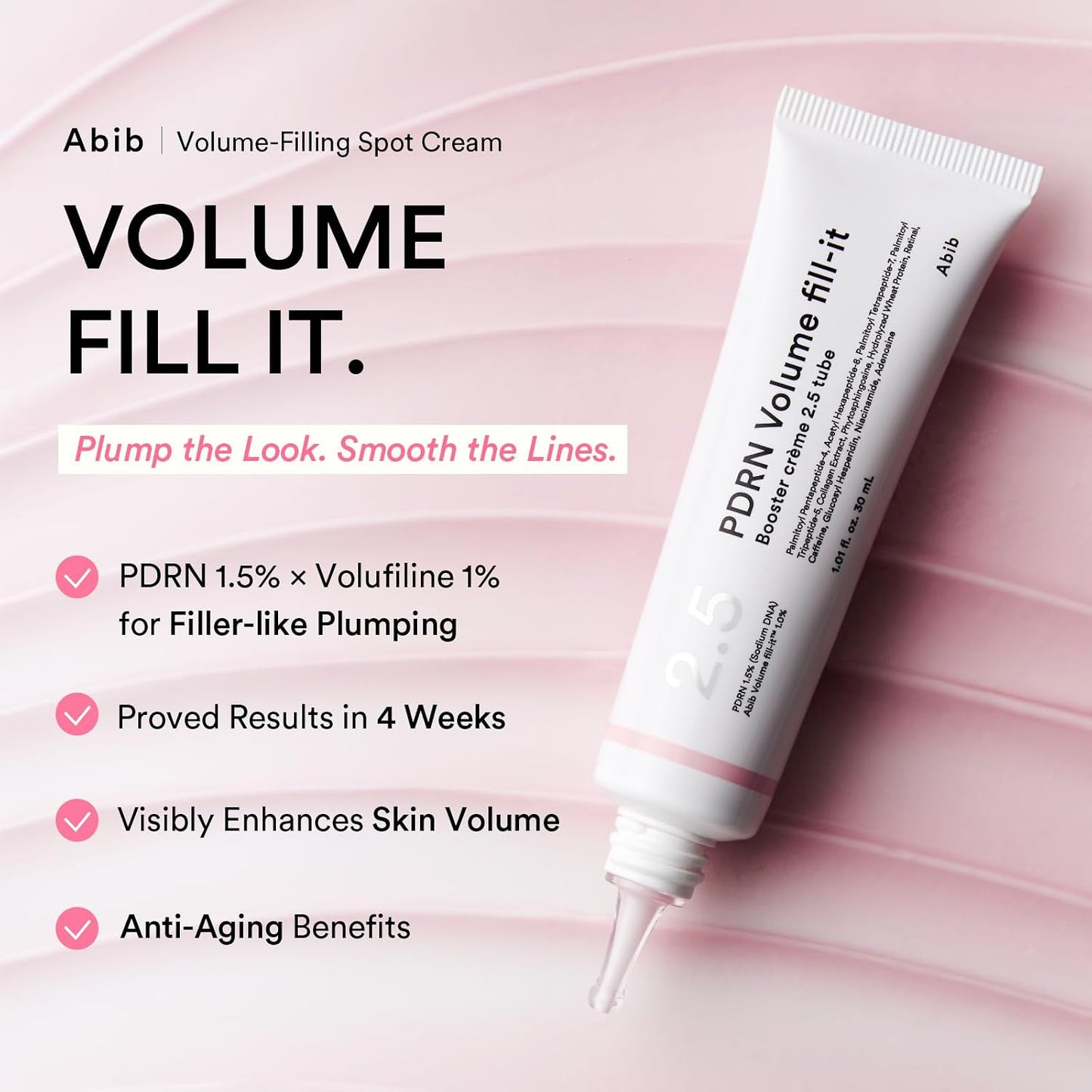 HotAbib PDRN Volume fill-it Booster Cream 2.5 tube | Facial Volume Plumping with PDRN 15,000ppm Peptides Retinal | For Forehead, Smile Lines & Neck Wrinkles | Anti-Aging Firming | 1.01 fl oz