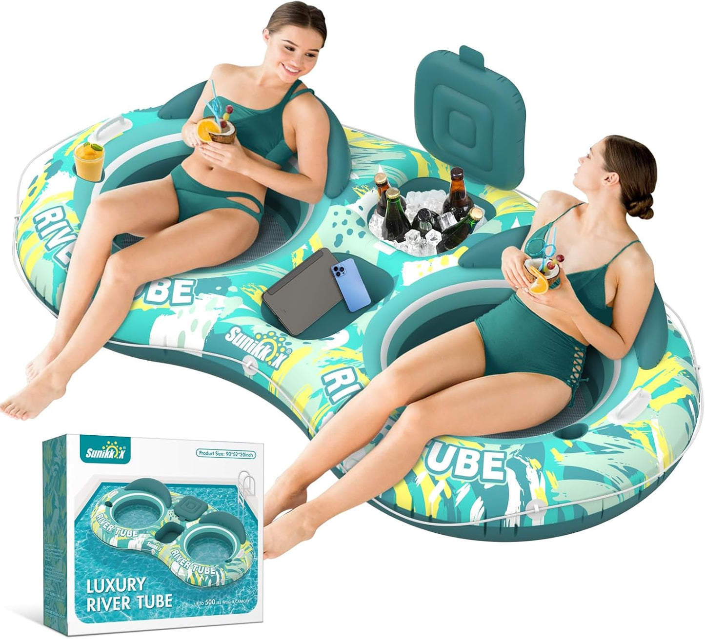 Hot Sunikko X 5-in-1 Pool Floats Adult Heavy Duty River Tube, 2 Person Water Lounge Tanning Pool with Backrests, Built-in Cooler, Cup Holders, Deluxe Pool Toys for Summer Relaxation