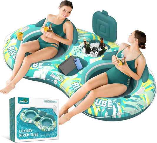 Hot Sunikko X 5-in-1 Pool Floats Adult Heavy Duty River Tube, 2 Person Water Lounge Tanning Pool with Backrests, Built-in Cooler, Cup Holders, Deluxe Pool Toys for Summer Relaxation