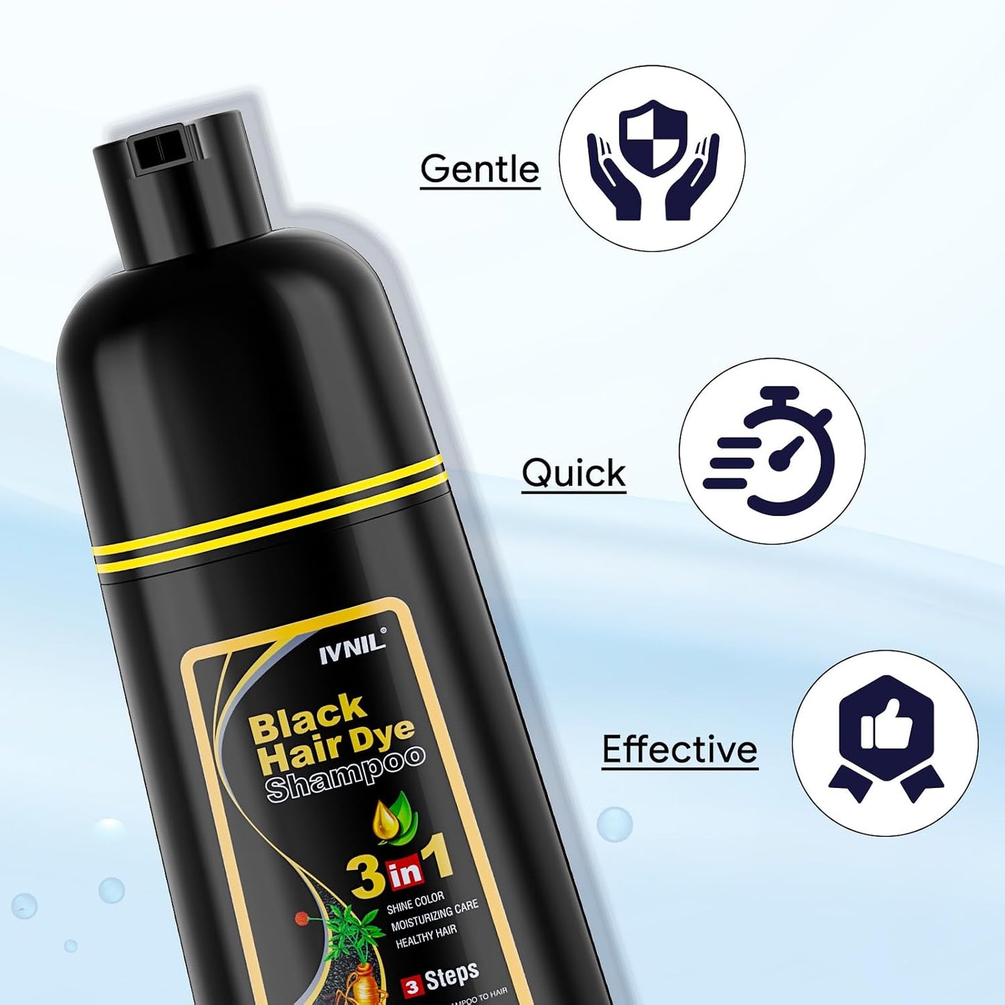 HotIvnil Black Hair Dye Shampoo 3 in 1 Hair Color Shampoo for Women & Men for Gray Hair Coverage, shampoo para pintar el cabello