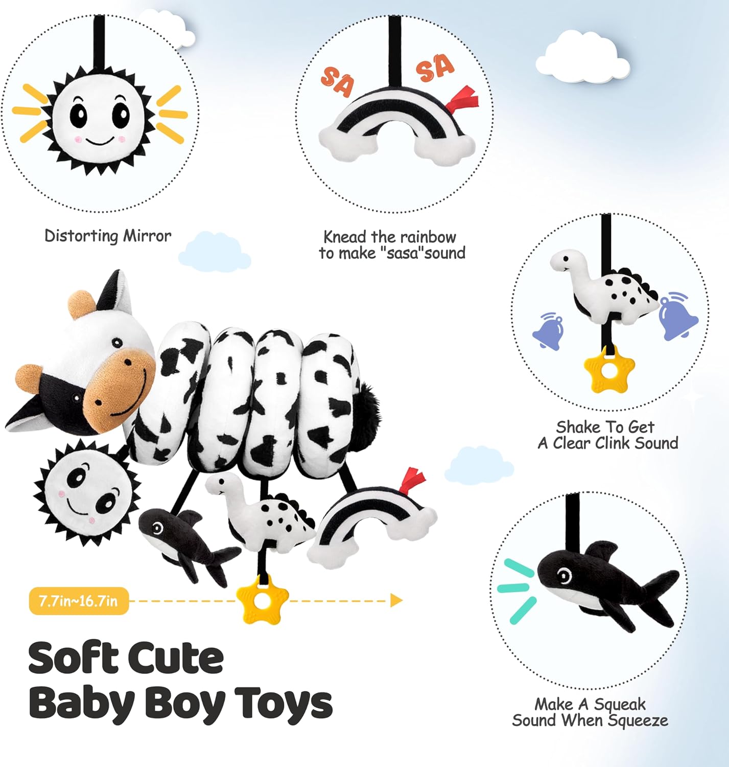 HotSpiral Car Seat Baby Toys 0-6 Months, Infant Carseat High Contrast Sensory Toys Hanging Stroller Accessories, Newborn Shower Gifts for Baby Boys Essentials Stuff, Cute Black and White Cow