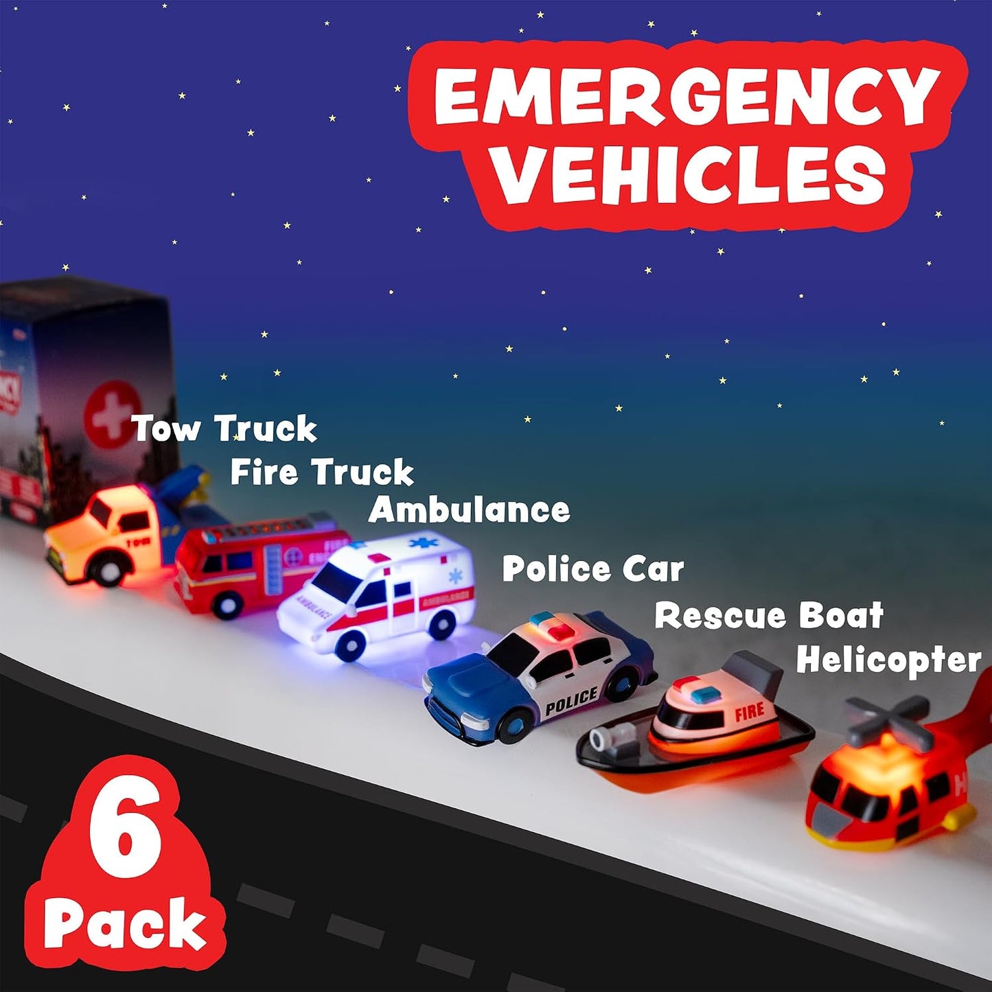 HotTub Works® Emergency™ Cars Light Up Bath Toys, 6 Pack | Water-Activated Light Up Toys Flash & Change Color | Soft, Squeezable Baby & Toddler Bath Toys | Sensory Toys with Bath Lights for Kids Bath