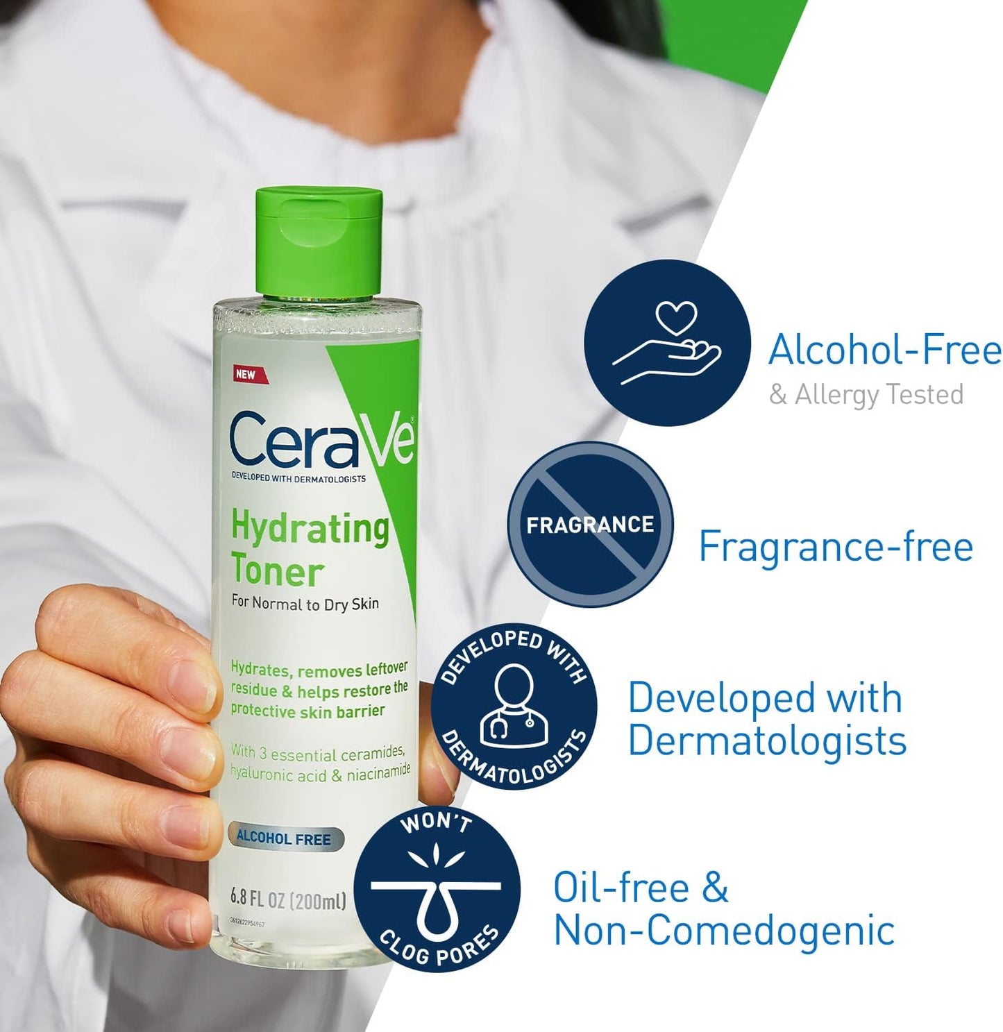 HotCeraVe Hydrating Toner for Face Non-Alcoholic with Hyaluronic Acid, Niacinamide, and Ceramides for Sensitive Dry Skin, Fragrance-Free Non Comedogenic, Full Size, 6.8 Fl Oz