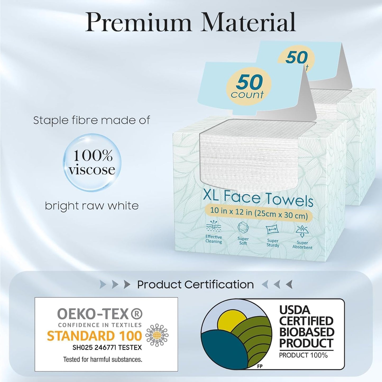HotFygrip 2 Pack of 50 count XL Disposable Face Towels 10” x 12”, 100% Viscose Fibre, Soft & Skin Friendly Face Towelettes Disposable, Facial Tissue Wipes for Women Cleansing
