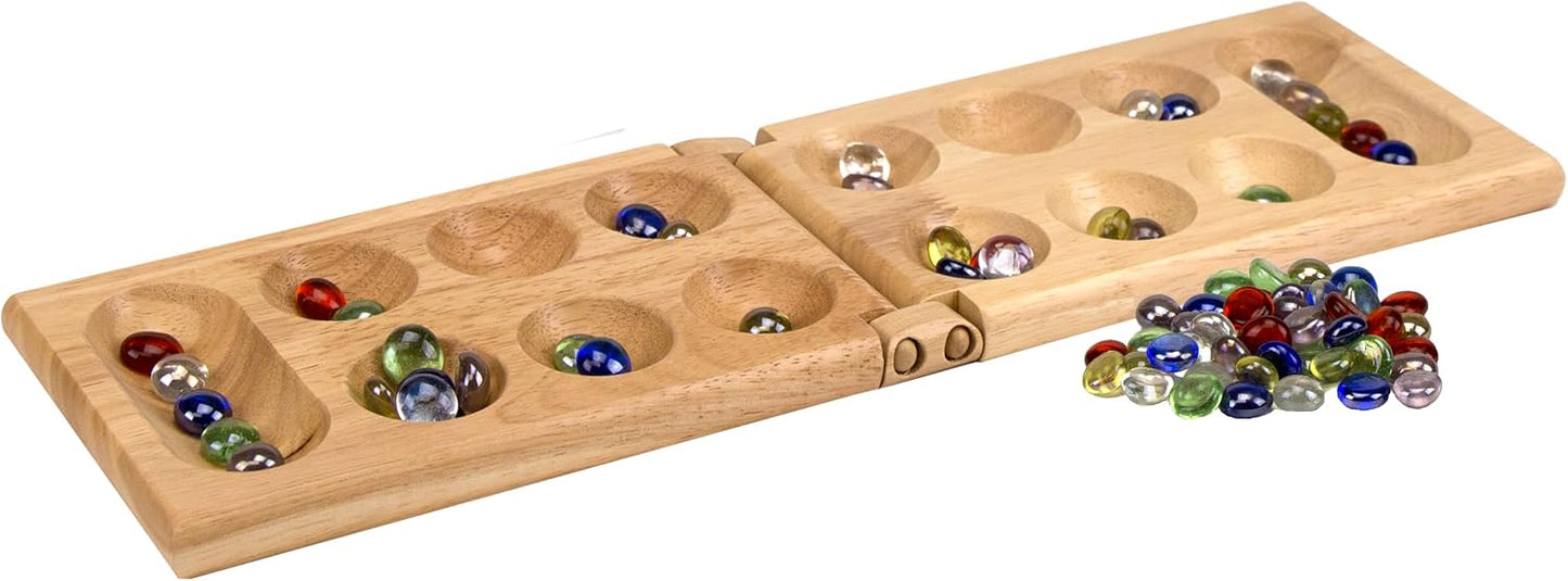 Hot Pressman Mancala Board Game | Fun Classic Table for Adults & Kids | Includes 48 Glass Mancala Stones and Wood Hinged Playing Board | 2 Players, Ages 6+