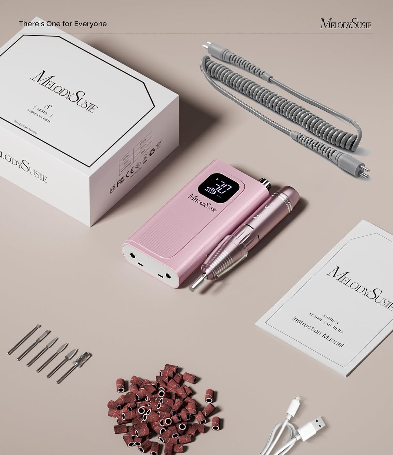 HotMelodySusie Rechargeable Clip-On E-File SC300F for Gel Polish Removal | 30000RPM; 5100mAh Battery; 9-13h Runtime; LED Display; Stepless Speed; Low Heat; Low Vibration; Nail Prep